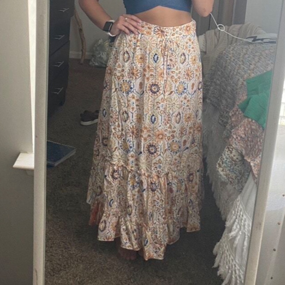 02 Boho Floral Print High Waist Ruffle Hem Maxi Skirt - Picture 3 of 6